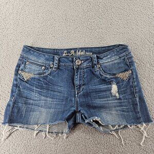 LA Idol Jeans Shorts Womens 11 Blue Distressed Denim Cutoff Rhinestone Pockets